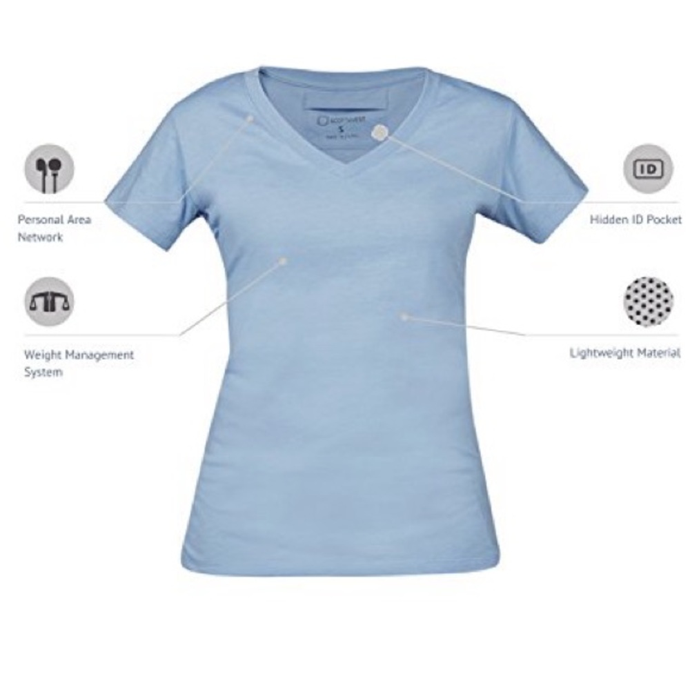 SCOTTeVEST Veronica V-Neck Blue, Grey, White T-Shirt with hidden pocket, Size S - Picture 2 of 6